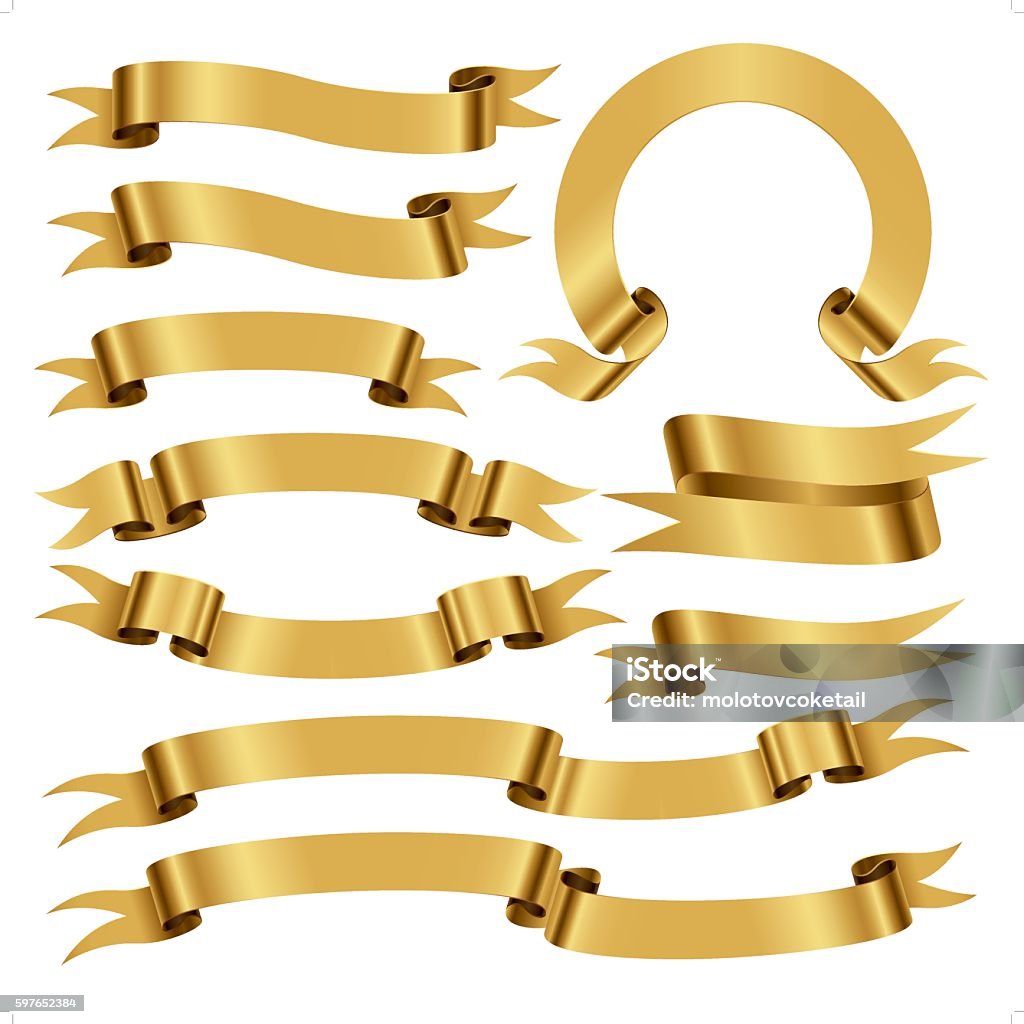 banners and scrolls in gold color A series of banners and scrolls in gold. Each object is grouped individually. Gold Colored stock vector