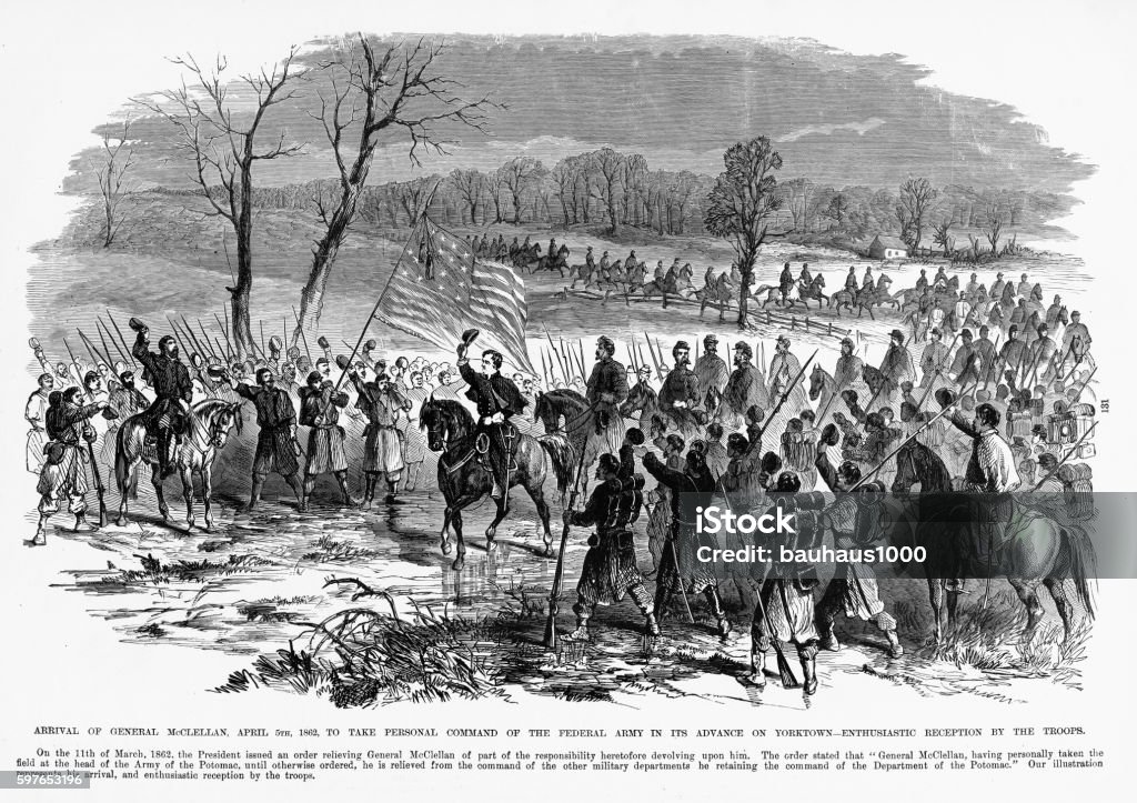 Arrival of General McClellan, Yorktown, Virginia, 1862 Civil War Engraving Engraving of the arrival of General McClellan April 5, 1862, to take command of the Federal Army in advance of Yorktown, Virgina with an enthusiastic reception by the Troops, Civil War Engraving from "Famous Leaders and Battle Scenes of the Civil War," Published in 1864. Original edition from my own archives. Copyright has expired on this artwork. Digitally restored. American Civil War stock illustration