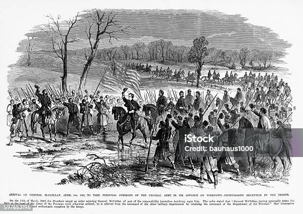 Arrival Of General Mcclellan Yorktown Virginia 1862 Civil War Engraving Stock Illustration - Download Image Now