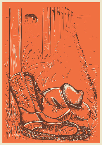 American Ranch illustration with cowboy boots. Vector poster background