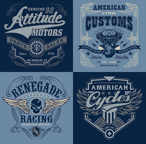 Vintage motorsport emblem graphic set Vintage motorsport-inspired emblem graphics set suitable for modification for multiple uses. biker stock illustrations