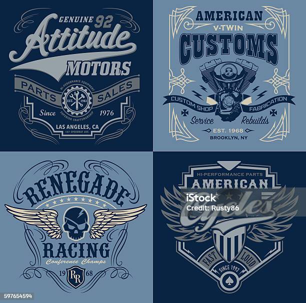 Vintage Motorsport Emblem Graphic Set Stock Illustration - Download Image Now - Motorcycle, Retro Style, Pinstripe