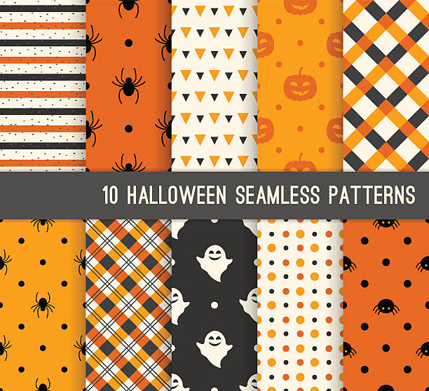 Ten Halloween different seamless patterns. Ten Halloween different seamless patterns. Endless texture for wallpaper, web page background, wrapping paper and etc. Pumpkin and spiders halloween patterns stock illustrations