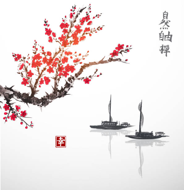 illustrations, cliparts, dessins animés et icônes de cerisier oriental sakura en fleur et deux bateaux de pêche - cherry blossom sakura cherry tree tree