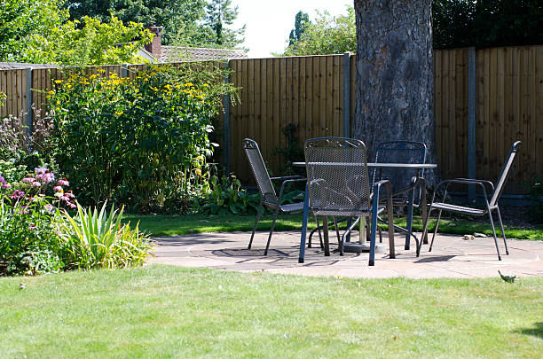 istock Patio with table and chairs in garden 597661176