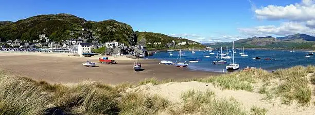 Barmouth Wales Boats Harbour Beach Panoramic View. Seaside Landmark Welsh Travel