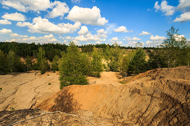 istock quarry with sandy beach,trees and hills with cloudly sky 597664072