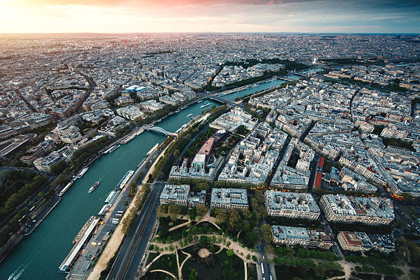 Aerial view of Seine river at sunset (Paris, France).