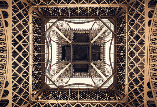 Eiffel Tower stucture from directly below. Paris, France.