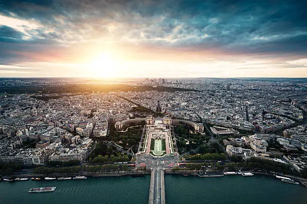 Paris skyline from Eiffel Tower at sunset.