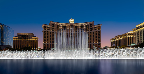 Las Vegas, Nevada, USA - July 21, 2016: The fountains of Bellagio at sunset in Las Vegas
