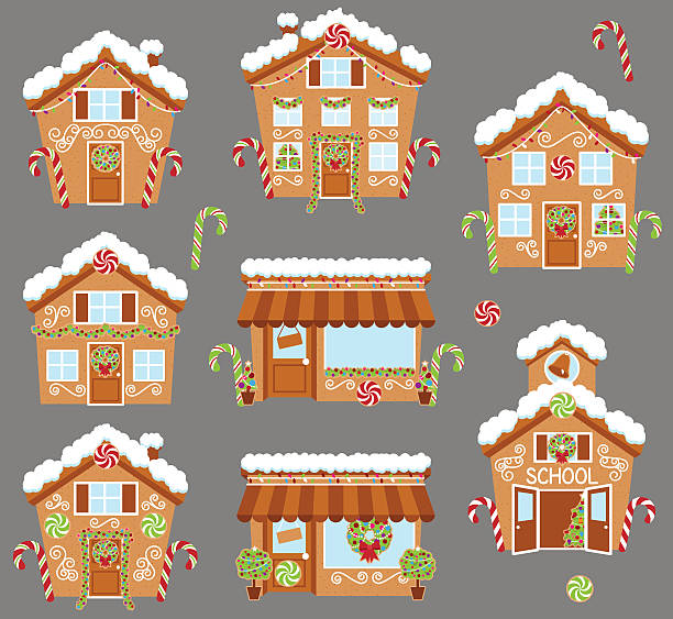 Set of Cute Vector Holiday Gingerbread Houses, Shops Set of Cute Vector Holiday Gingerbread Houses, Shops and Other Buildings with Snow. No transparencies or gradients used. Large JPG included. Each element is individually grouped for easy editing. candy house stock illustrations