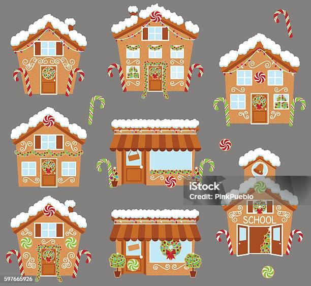 Set Of Cute Vector Holiday Gingerbread Houses Shops Stock Illustration - Download Image Now