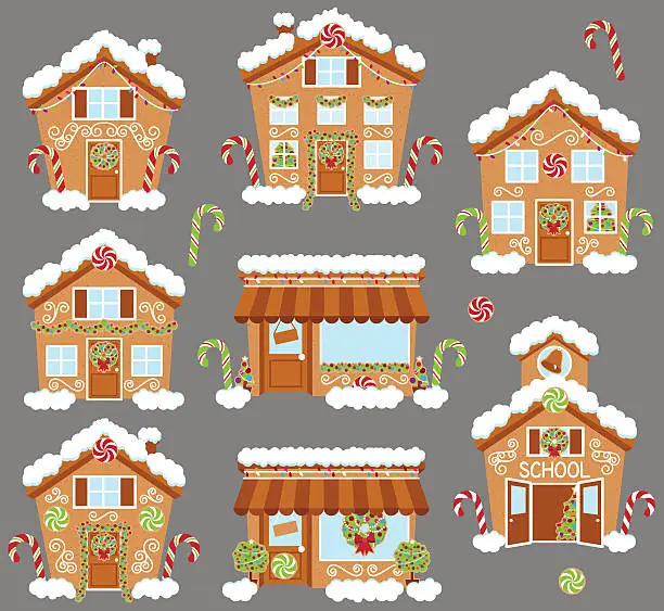 Vector illustration of Set of Cute Vector Holiday Gingerbread Houses, Shops