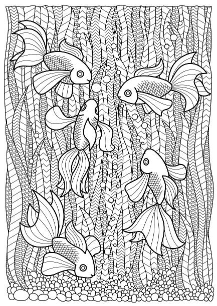 Marine adult coloring page anti stress, fish swim in algae Hand drawn marine adult coloring page, fish swim in algae anti stress adult coloring pages mandala stock illustrations