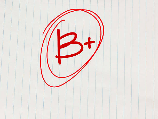 B plus (B+) grade written in red on notebook paper
