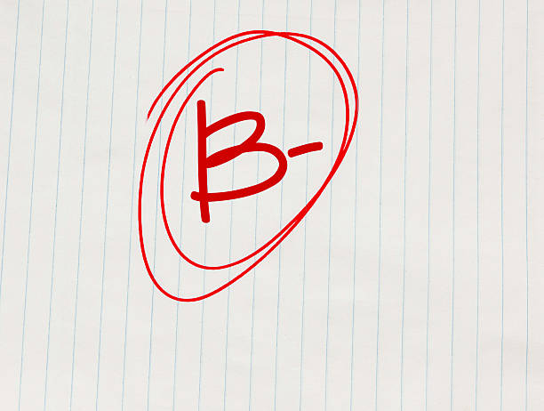 istock B minus (B-) grade written in red on notebook paper 597667260