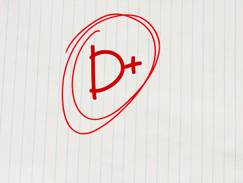 D plus (D+) grade written in red on notebook paper