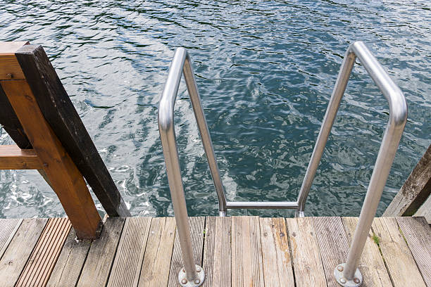 istock Dock and ladder on calm summer lake 597669886