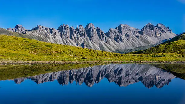 Lake Salfeinssee in the Tyrolean Alps, well known for its beautiful reflection of the peaks of Kalkögel mountain range.