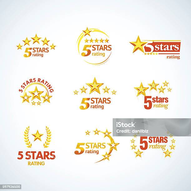 Golden Five Stars Round Emblems Set Stock Illustration - Download Image Now - Luxury Hotel, Award, Star Shape