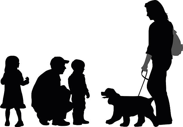 ilustraciones, imágenes clip art, dibujos animados e iconos de stock de niños que se reúnen con gente nueva y su perro - crouching silhouette men people