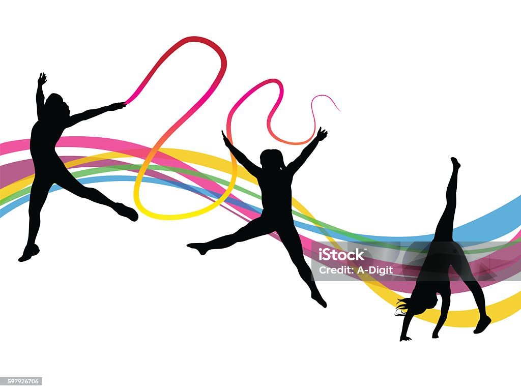 Ballet Rhythm A vector silhouette illustration of a young woman moving, jumping, dancing, and doing a handstand, with a rainbow ribbon in front of a colourful wave pattern background. Gymnastics stock vector