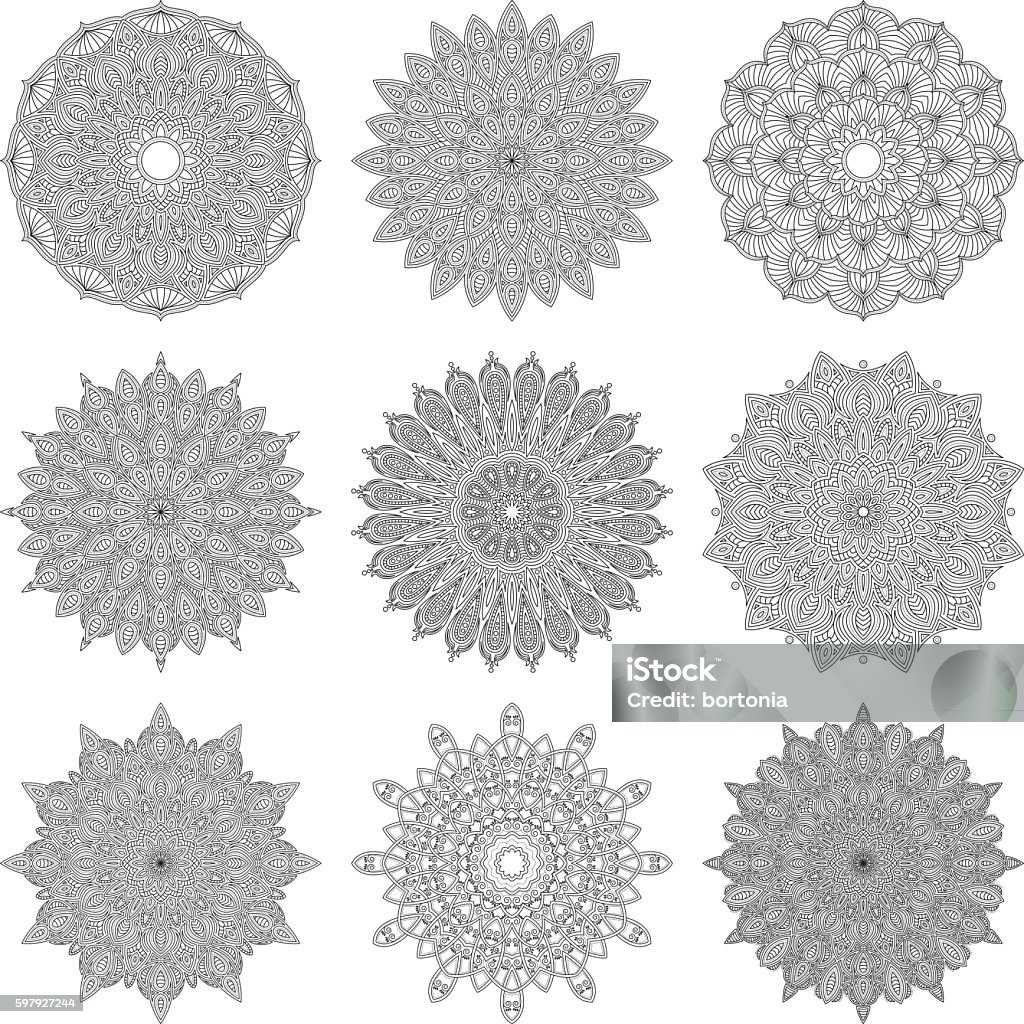 Ornate Circular Mandala Set, Black and White Line Art A black and white mandala design with lots of ornate detail. Download includes an AI10 EPS (CMYK) as well as a high resolution RGB JPEG. Mandala stock vector