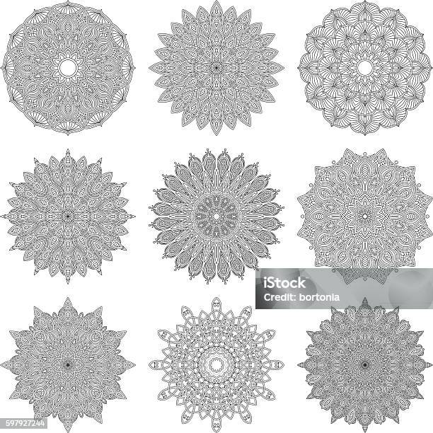 Ornate Circular Mandala Set Black And White Line Art Stock Illustration - Download Image Now