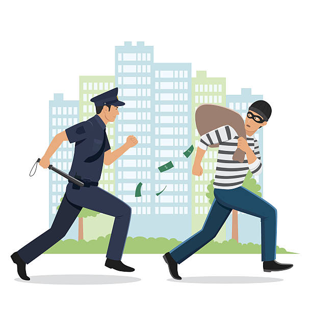 ilustraciones, imágenes clip art, dibujos animados e iconos de stock de ilustración de un policía persiguiendo a un ladrón con una bolsa robada - chasing