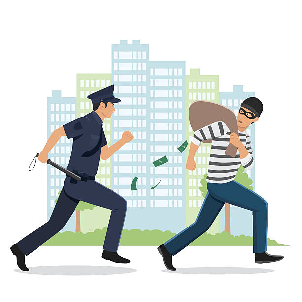 ilustrações de stock, clip art, desenhos animados e ícones de illustration of a policeman chasing a thief with stolen bag - currency chasing dollar sign pursuit
