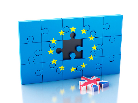 3d renderer illustration. Puzzle with Great Britain and European Union flag. Brexit concept. Isolated white background