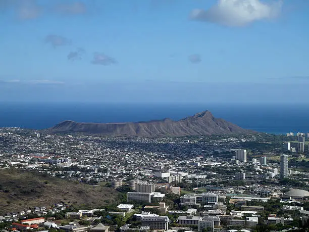 Diamondhead and the city of Honolulu of Oahu on a nice day.  UH Manoa and the H-1 Visible