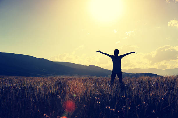 istock cheering young woman open arms on grassland 597933086