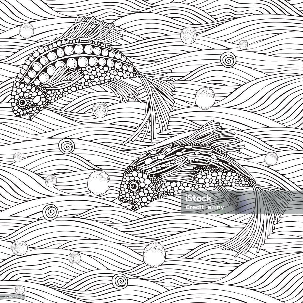 Two fantastic fish swim in the sea bottom. Two fantastic fish swim in the sea bottom. Coloring book page for adult.  Hand-drawn, floral, doodle, vector design elements. Black and white. Adult stock vector