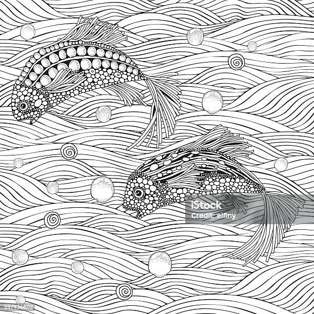 Two Fantastic Fish Swim In The Sea Bottom Stock Illustration - Download Image Now - Adult, Coloring, Fish