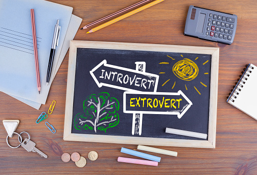 Introvertido - Poste indicador extrovertido dibujado en una pizarra photo