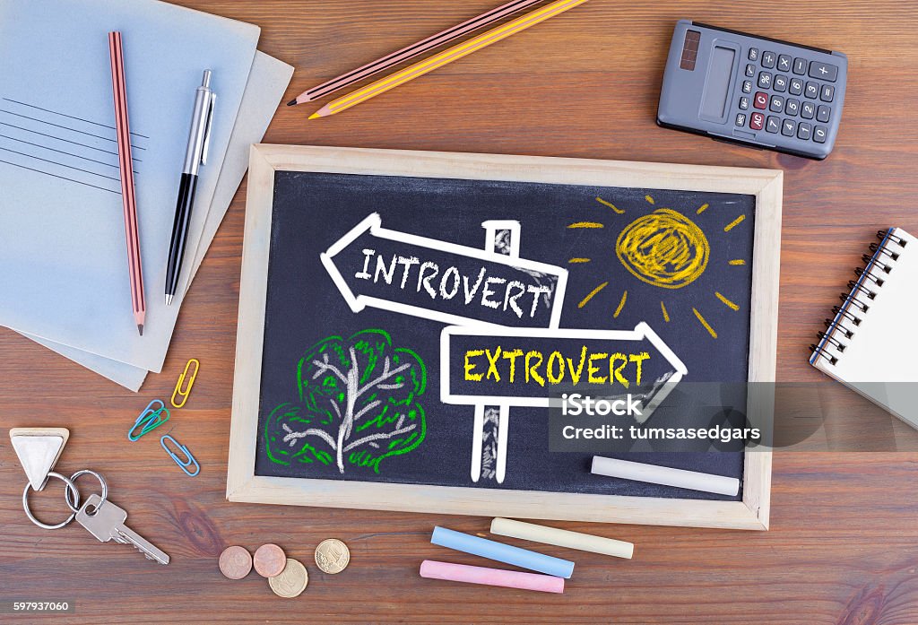 Introvert - Extrovert signpost drawn on a blackboard Shy Stock Photo
