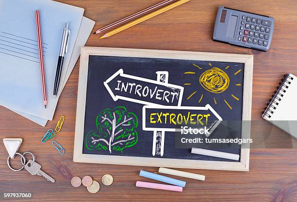 Introvert Extrovert Signpost Drawn On A Blackboard Stock Photo - Download Image Now