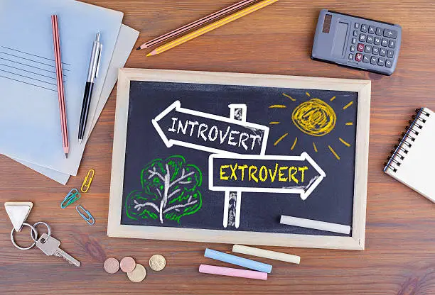 Photo of Introvert - Extrovert signpost drawn on a blackboard