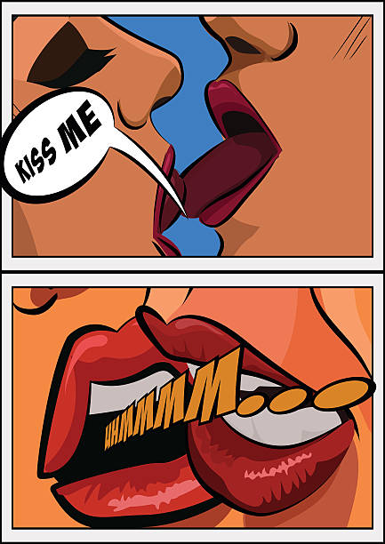 istock Close up of pair women mouths kissing set. Pop art 597937256