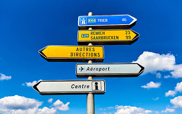 Roadsign against blue sky Roadsign showing directions to the different cities and places near the Luxembourg city. Western Europe remich stock pictures, royalty-free photos & images
