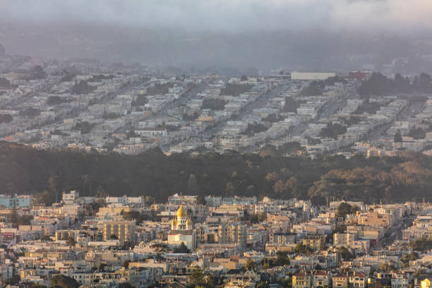 Residential Area On the West Side of San Francisco Early morning fog blankets the Background, Golden Gate Park on the background. west marin stock pictures, royalty-free photos & images