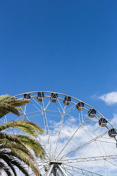 istock Big ferris wheel against blue sky with palm tree 597939856