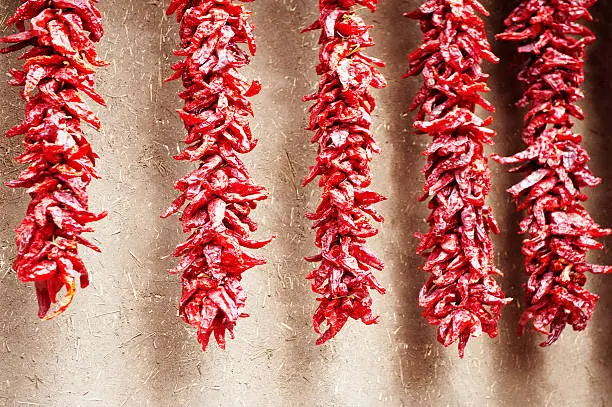 Close-up of hanging chili peppers ristras.