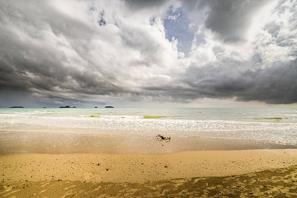 footprint on the beach has sky background. stock photo
