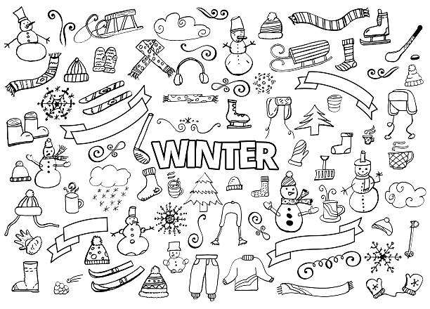 ilustrações, clipart, desenhos animados e ícones de coleção de rabiscos de inverno. elementos de design. boneco de neve, flocos de neve, céus, cachecol, quente - esporte de inverno