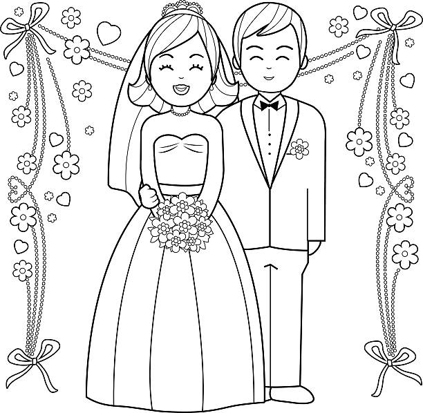 ilustrações de stock, clip art, desenhos animados e ícones de bride and groom coloring book page. - bouquet wedding bride single flower