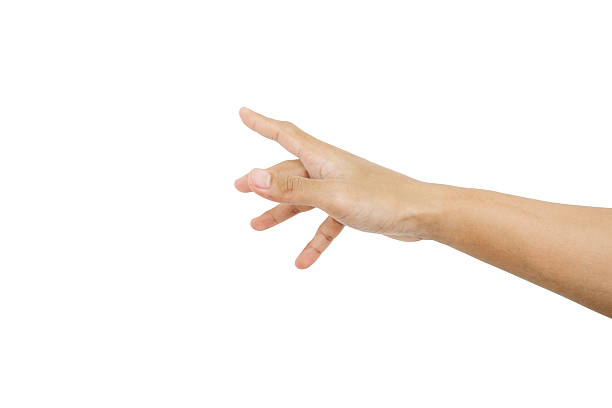 istock Hand reaching finger, asian tan skin, isolated on white background 597944910