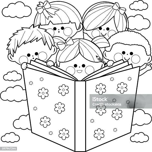 Children Reading A Book Coloring Book Page Stock Illustration - Download Image Now - Reading, Child, Coloring Book Page - Illlustration Technique